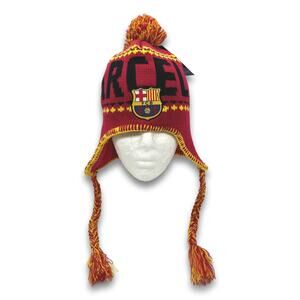 FCB Barcelona Peruvian Beanie Double Layered Ear Flap Soccer Winter Hat With Pom